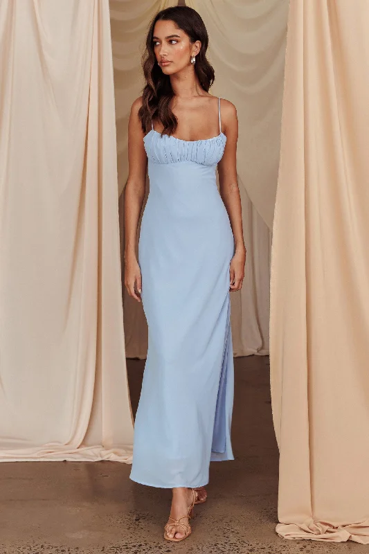 Nerida Twist Back Maxi Dress Steel Blue Trendy Off-Shoulder Ruffle Maxi Dress