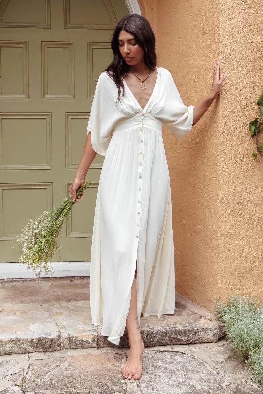 Paradise Found V-Neck Button Maxi Dress Natural Elegant Boho Maxi Dress