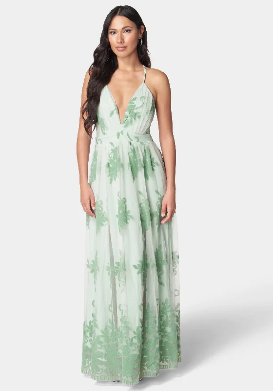 Plunge Neck Embroidered Maxi Dress Trendy Maxi Dress with Bow