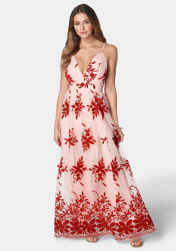 Plunge Neck Embroidered Maxi Dress Stylish Long Sleeve Maxi Dress