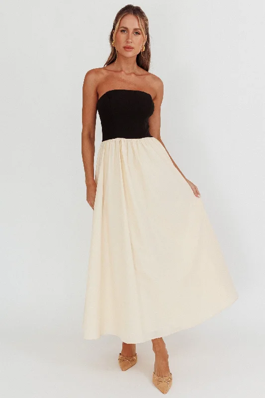 Princess Strapless Contrast Maxi Dress Black/Beige Stylish One-Shoulder Maxi Dress