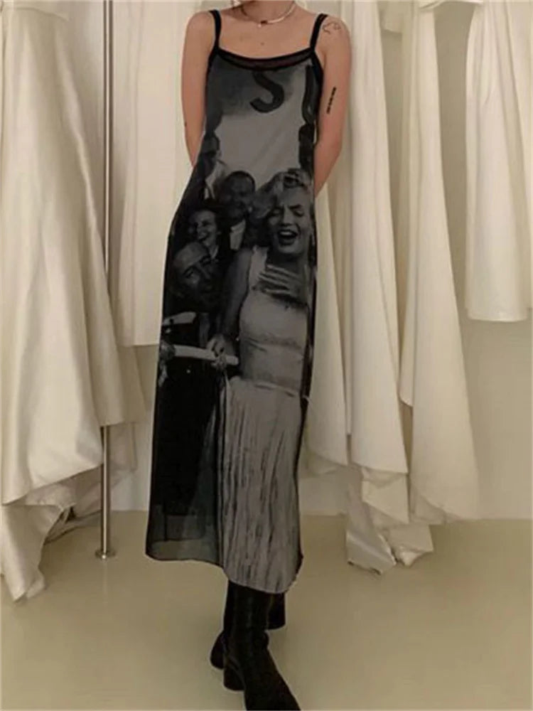 Print Vintage Mesh All Match Dress Women: Sexy Y2k Spaghetti Strap Maxi Dress Trendy Maxi Dress with Lace Print Vintage Mesh All Match Dress Women: Sexy Y2k Spaghetti Strap Maxi Dress Trendy Maxi Dress with Lace