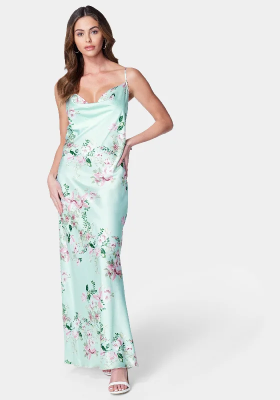 Floral Cowl Neck Maxi Dress Trendy Button Front Maxi Dress