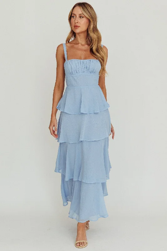 Provence Bloom Tiered Ruffle Maxi Dress Sky Blue Cozy Ribbed Maxi Dress