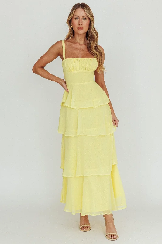 Provence Bloom Tiered Ruffle Maxi Dress Yellow Stylish Long Sleeve Maxi Dress