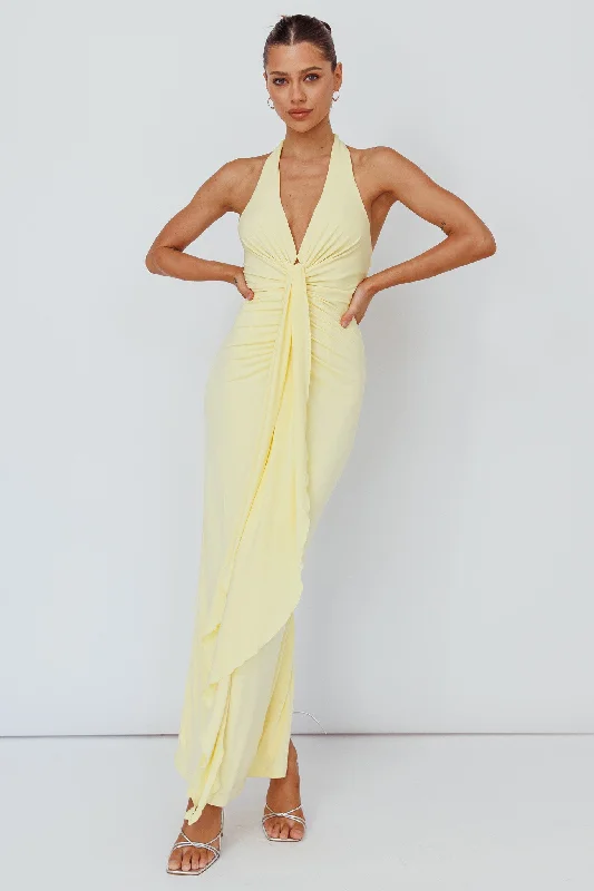 Ray Of Light Ruched Halterneck Maxi Dress Lemon Stylish Maxi Dress with Frills