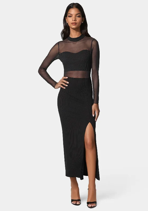 Rib Mock Neck Maxi Dress With Powermesh Comfortable Maxi Dress with Sleeves