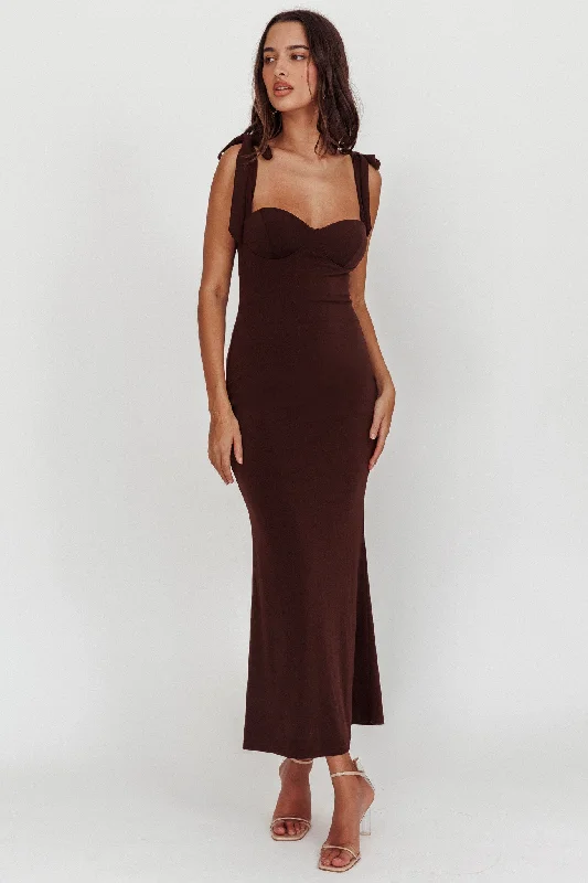 Rose Garden Tied Shoulder Maxi Dress Brown Stylish Maxi Dress with Frills