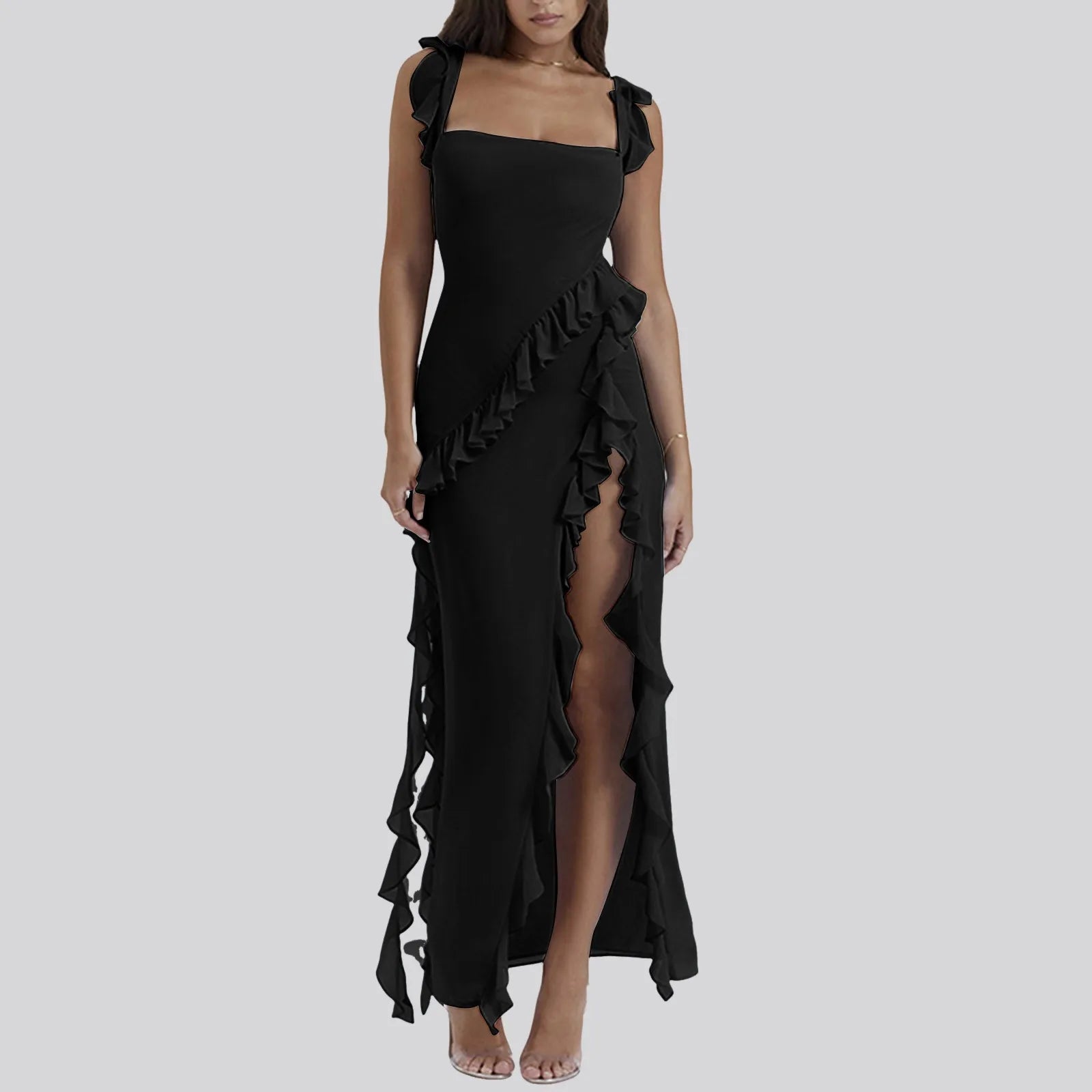 FashionSierra - Ruffles Chiffon Maxi Dress For Women 2024 Backless Split Sexy Black Long Wedding Party Elegant Luxury Chic Female Comfortable Maxi Dress with Sleeves FashionSierra - Ruffles Chiffon Maxi Dress For Women 2024 Backless Split Sexy Black Long Wedding Party Elegant Luxury Chic Female Comfortable Maxi Dress with Sleeves