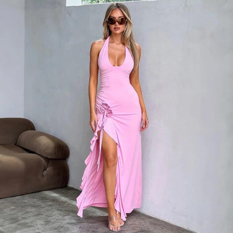 Sexy Deep V Neck Halter Neck Floral Applique Maxi Dress Women Ruffle Split Maxi Dress Comfortable Bohemian Maxi Dress Sexy Deep V Neck Halter Neck Floral Applique Maxi Dress Women Ruffle Split Maxi Dress Comfortable Bohemian Maxi Dress