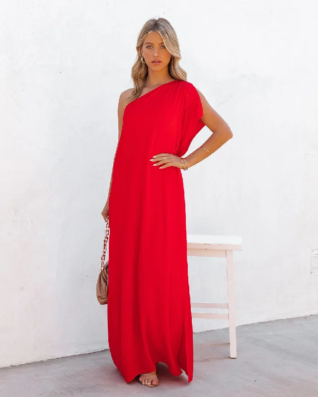 Strike A Pose One Shoulder Statement Maxi Dress - Tomato Red Cozy Cold-Shoulder Maxi Dress Strike A Pose One Shoulder Statement Maxi Dress - Tomato Red Cozy Cold-Shoulder Maxi Dress