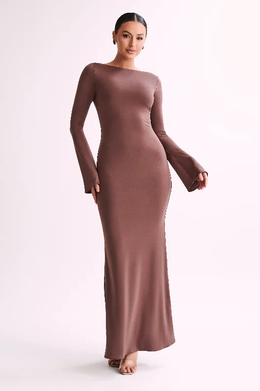 Tarna Slinky Fishtail Maxi Dress - Mocha Classic V-Neck Maxi Dress