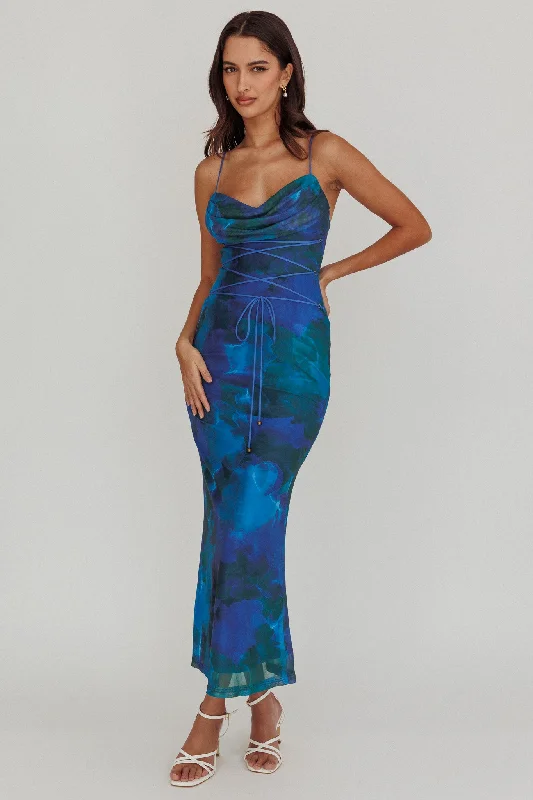 Teava Laced Waist Maxi Dress Print Blue Fashionable High-Waist Maxi Dress
