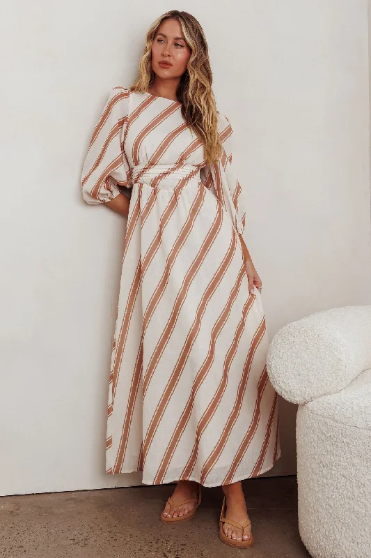 Transcendent Puff Sleeves Striped Maxi Dress Tan Comfortable Maxi Dress with Slits