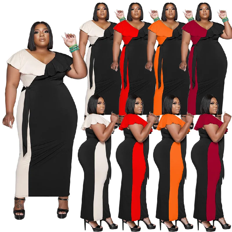 Trendy Plus Size Women Clothing 2022 Color Blocking Ruffles Maxi Dresses Women Trendy Maxi Dress with Belt Trendy Plus Size Women Clothing 2022 Color Blocking Ruffles Maxi Dresses Women Trendy Maxi Dress with Belt