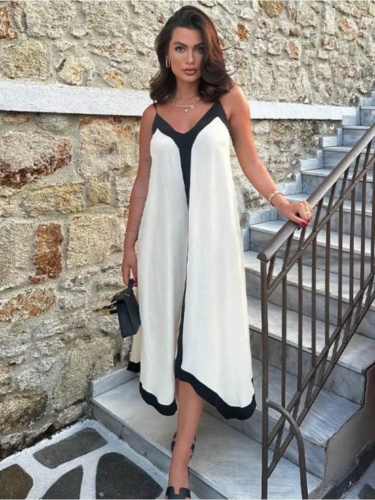 V Neck Backless Maxi Dress Women Color Block Slim Sexy Sundress Maxi Dress Chic Sleeveless Maxi Dress V Neck Backless Maxi Dress Women Color Block Slim Sexy Sundress Maxi Dress Chic Sleeveless Maxi Dress