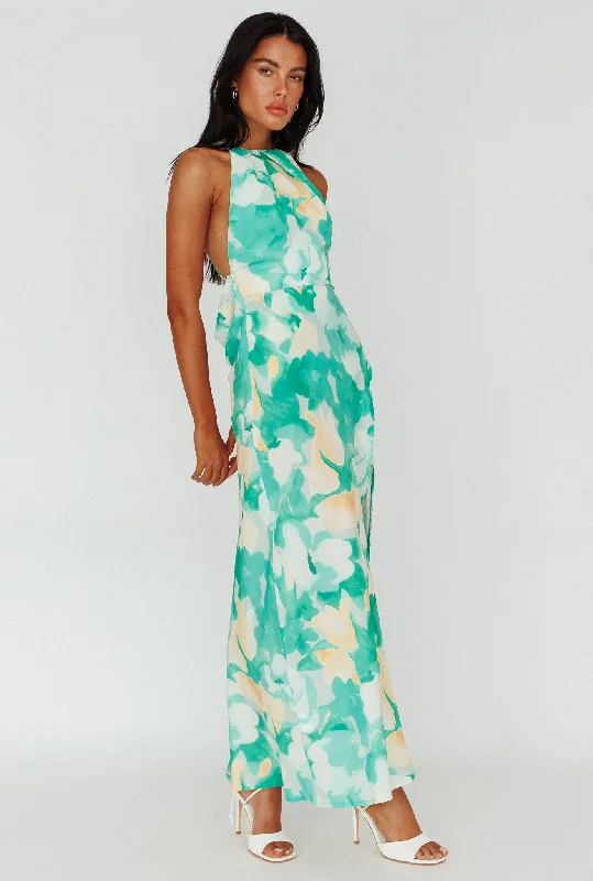 Val Cowl Back Maxi Dress Floral Green Stylish Long Sleeve Maxi Dress