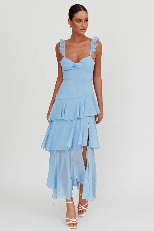 Veda Ruffle Strap Split Maxi Dress Blue Elegant Maxi Dress with Ruffles