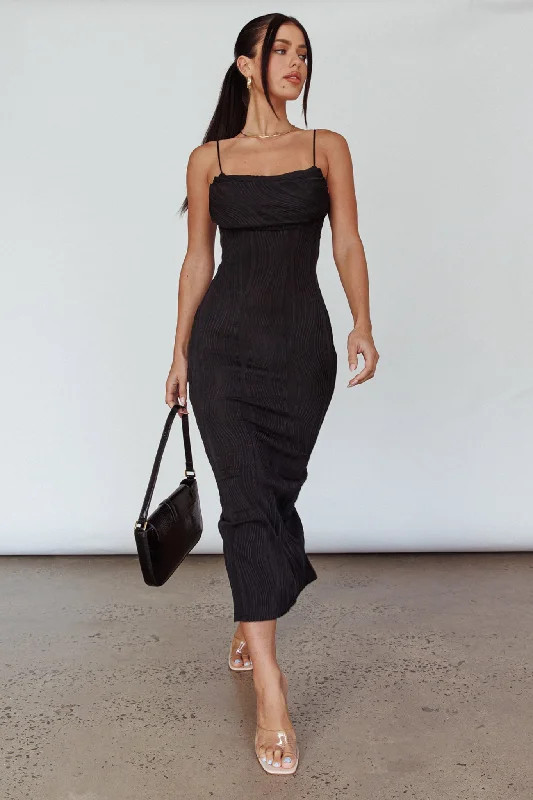 Well Versed Pleated Bust Textured Maxi Dress Black Trendy A-Line Maxi Dress