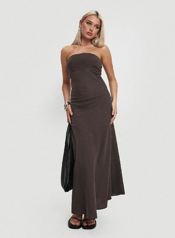 Yahir Strapless Maxi Dress Brown Elegant Boho Maxi Dress