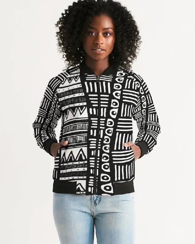 ABSTRACT IN BLACK & WHITE Women's Bomber Jacket Welt Pockets Slit Pockets Flap Pockets ABSTRACT IN BLACK & WHITE Women's Bomber Jacket Welt Pockets Slit Pockets Flap Pockets