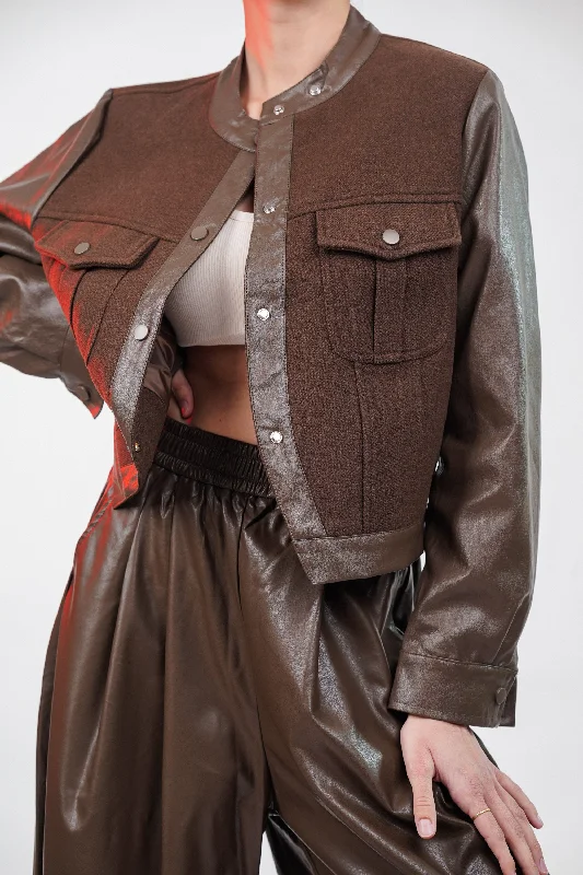 Brown Woolen Jacket With Leather Sleeves Boat Neck Shawl Collar Notched Collar