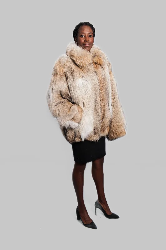 Coyote Fur Bomber Jacket Denim Fabric Leather Fabric Suede Fabric