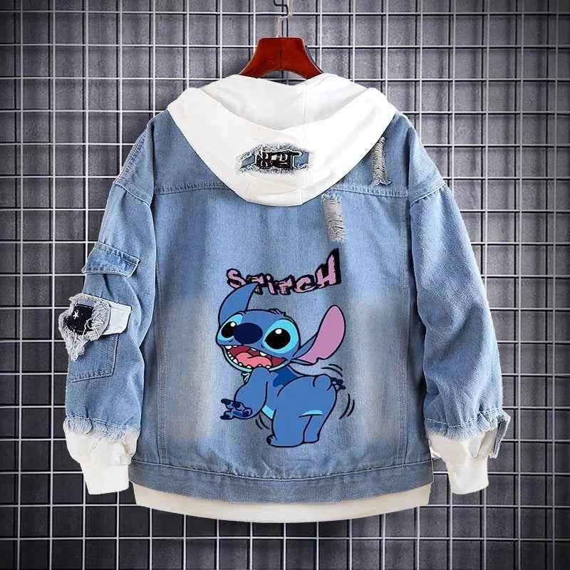 Cartoon Jacket - Denim with Stitch Inspired Print Denim Fabric Leather Fabric Suede Fabric Cartoon Jacket - Denim with Stitch Inspired Print Denim Fabric Leather Fabric Suede Fabric