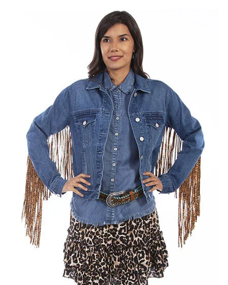 Denim Jacket W/Leopard Fringe Hc647-Den Knit Jacket Woven Jacket Fleece Jacket