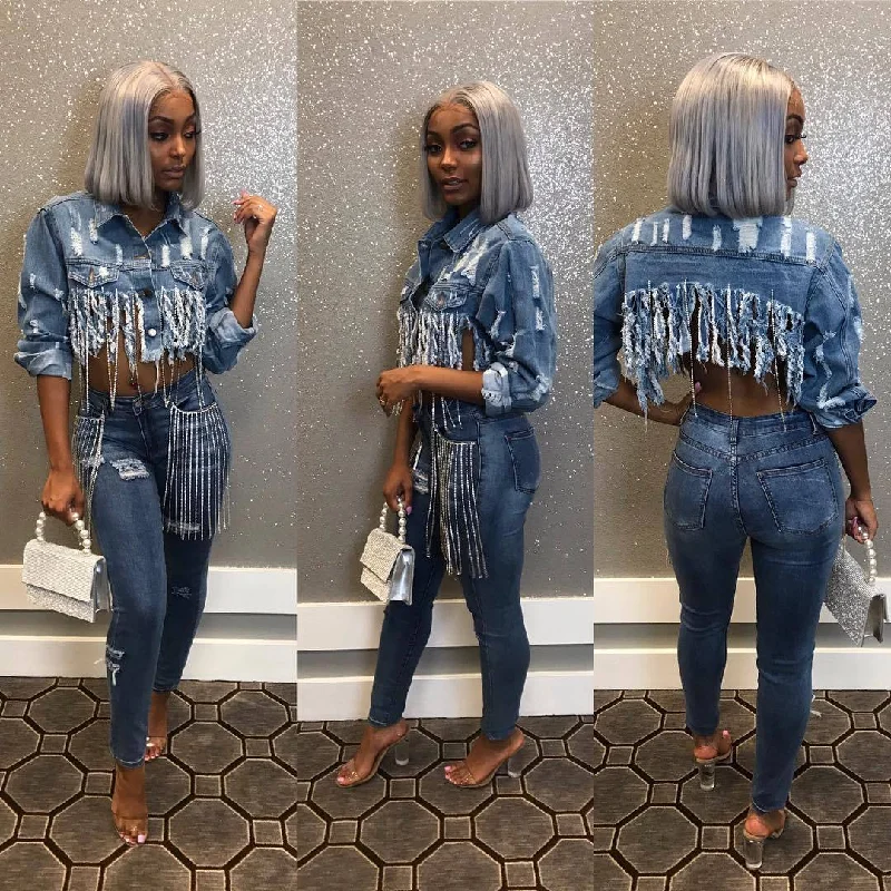 Fashion Women's Jackets Cropped Denim Tops Welt Pockets Slit Pockets Flap Pockets