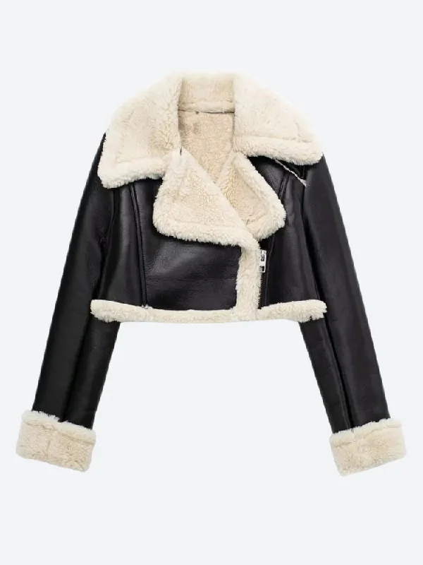 Faux Fur Lined Biker Jacket Hooded Jacket Caped Jacket Shawl Collar Jacket