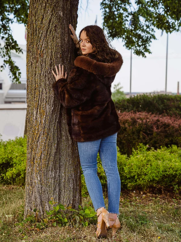 Hooded Mink Jacket with Fox Fur Trim Boat Neck Shawl Collar Notched Collar