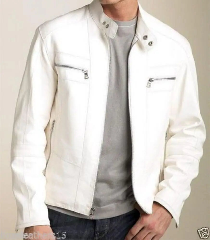 Men White Genuine Leather Jacket Slim Fit Biker Leather Coat Fashion Notch Collar Jacket Peter Pan Collar Jacket Cowl Neck Jacket Men White Genuine Leather Jacket Slim Fit Biker Leather Coat Fashion Notch Collar Jacket Peter Pan Collar Jacket Cowl Neck Jacket