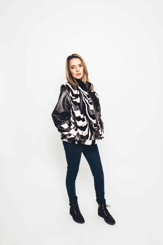 Mink Multi-tones Patchwork Jacket With Leather Sleeves Print Jacket Jacquard Jacket Patchwork Jacket Mink Multi-tones Patchwork Jacket With Leather Sleeves Print Jacket Jacquard Jacket Patchwork Jacket