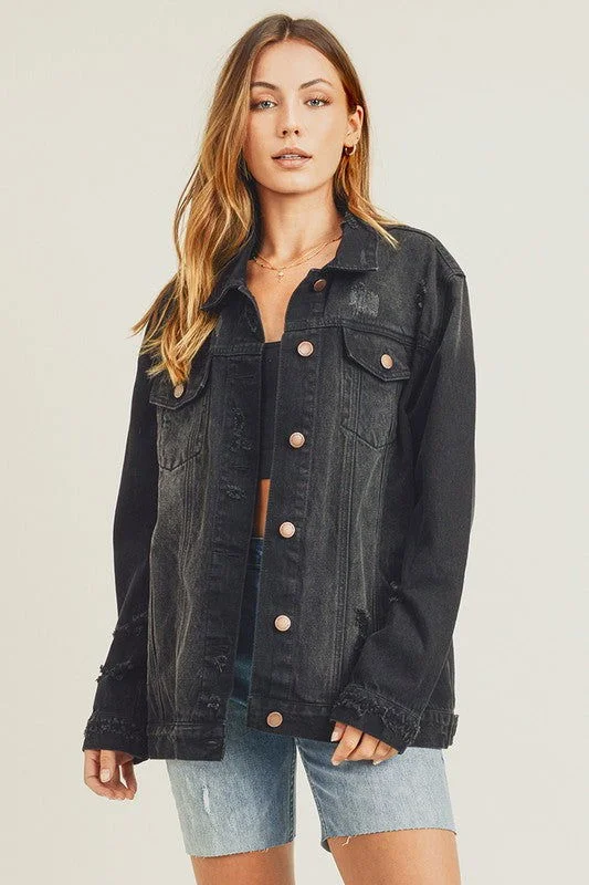 RISEN Full Size Distressed Long Sleeve Denim Jacket Faux Fur Jacket Real Fur Jacket Shearling Jacket RISEN Full Size Distressed Long Sleeve Denim Jacket Faux Fur Jacket Real Fur Jacket Shearling Jacket