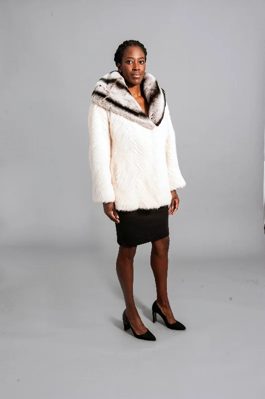 White Mink Jacket with Rabbit Collar Hood Snapped Jacket Toggled Jacket Drawstring Jacket White Mink Jacket with Rabbit Collar Hood Snapped Jacket Toggled Jacket Drawstring Jacket