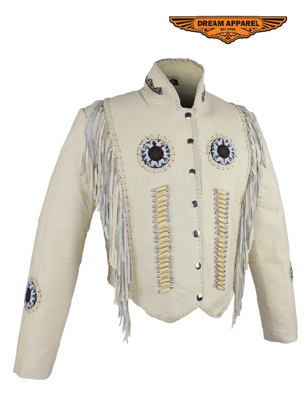 Women's Beige Leather Jacket With Beads, Studs, Bone & Fringe Cotton Fabric Linen Fabric Terry Fabric Women's Beige Leather Jacket With Beads, Studs, Bone & Fringe Cotton Fabric Linen Fabric Terry Fabric