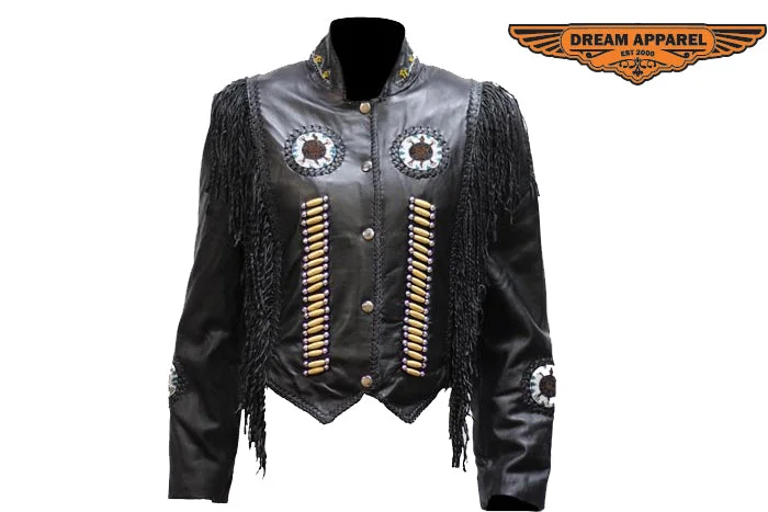 Women's Black Leather Jacket With Beads, Studs, Bone & Fringe Cotton Fabric Linen Fabric Terry Fabric Women's Black Leather Jacket With Beads, Studs, Bone & Fringe Cotton Fabric Linen Fabric Terry Fabric