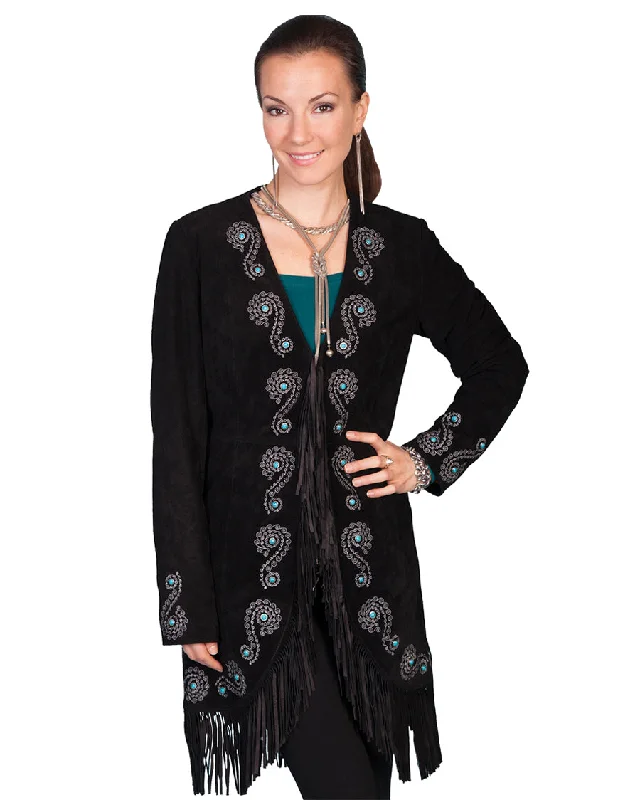 Womens Boar Suede Embroidered Jacket - Black Welt Pockets Slit Pockets Flap Pockets