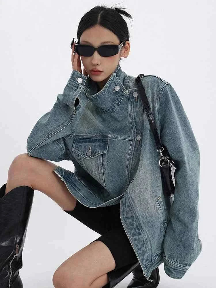 Women's Turtleneck Patchwork Denim Jacket Cotton Fabric Linen Fabric Terry Fabric