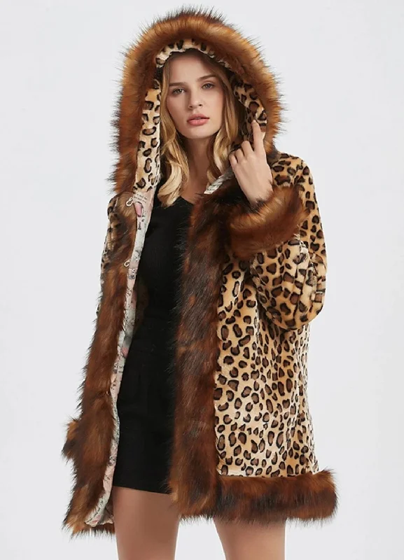 Womens Leopard Print Hooded Faux Fur Collar Jacket Cotton Fabric Linen Fabric Terry Fabric Womens Leopard Print Hooded Faux Fur Collar Jacket Cotton Fabric Linen Fabric Terry Fabric