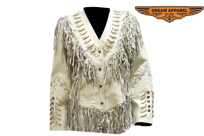Womens Off White Leather Jacket With Beads, Studs, Bone & Fringe With Snaps Cotton Fabric Linen Fabric Terry Fabric Womens Off White Leather Jacket With Beads, Studs, Bone & Fringe With Snaps Cotton Fabric Linen Fabric Terry Fabric