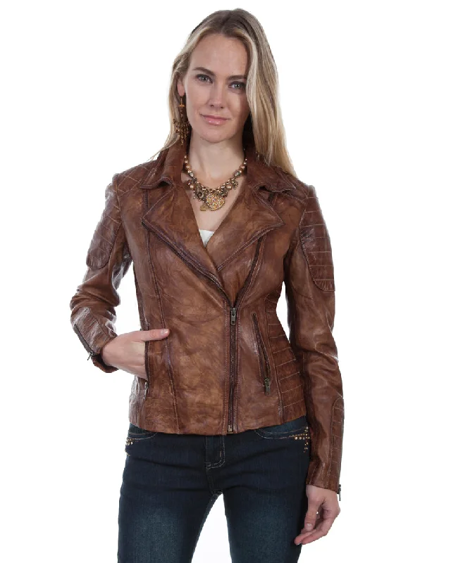 Women's Quilted Leather Jacket Welt Pockets Slit Pockets Flap Pockets