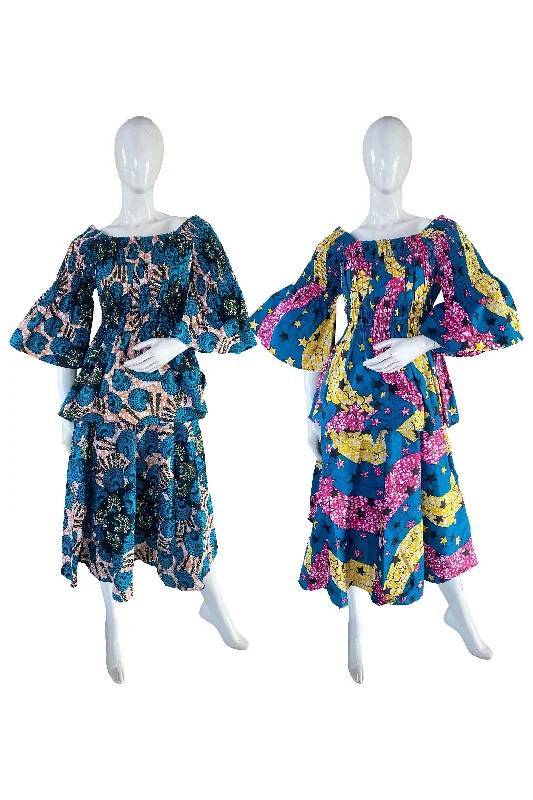 African Midi Skirt and Smoked Peplum Blouse (Pack of 2 Pieces) floral skirt print