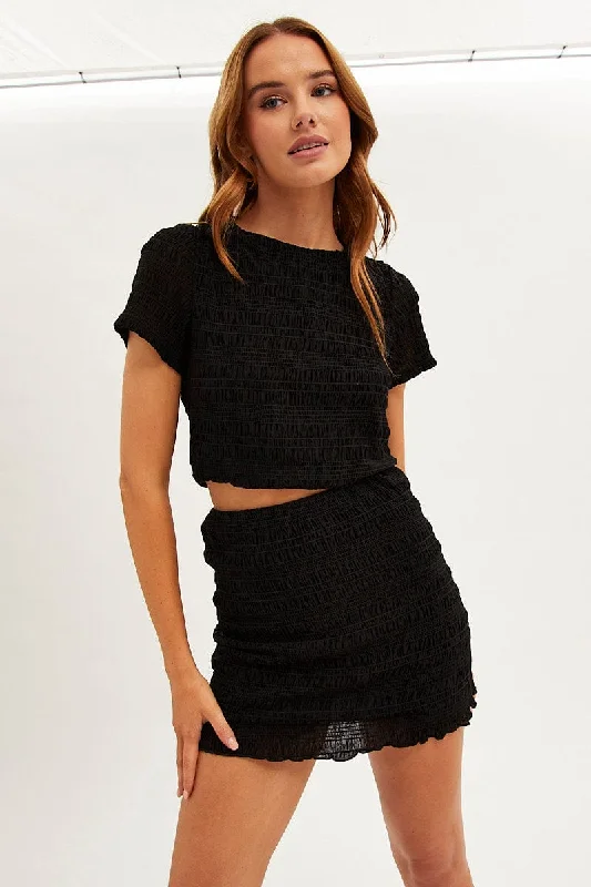 Black Mini Skirt Bodycon Mesh Textured Detail leather skirt sleek