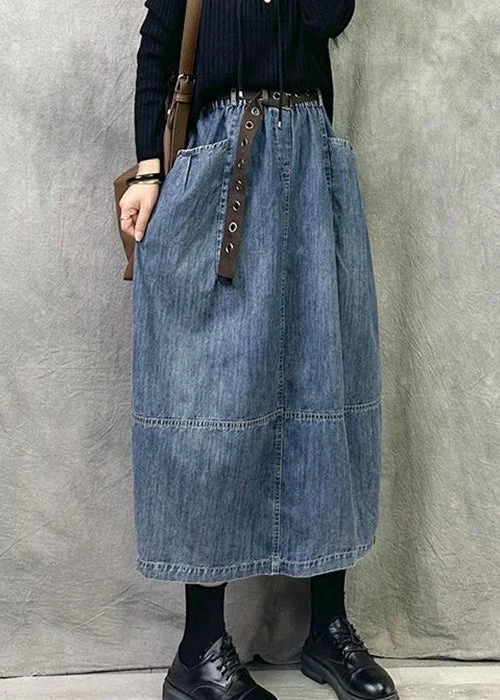 Blue Elastic Waist Patchwork Denim A Line Skirts Pockets a-line skirt cut