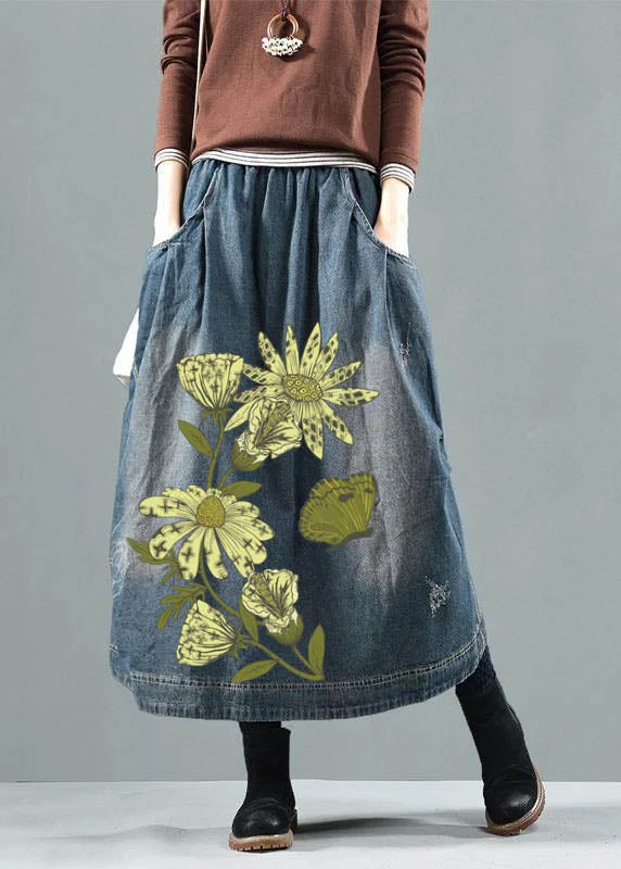 Blue-green flower Pockets Retro Patchwork Summer Skirts Denim linen skirt natural