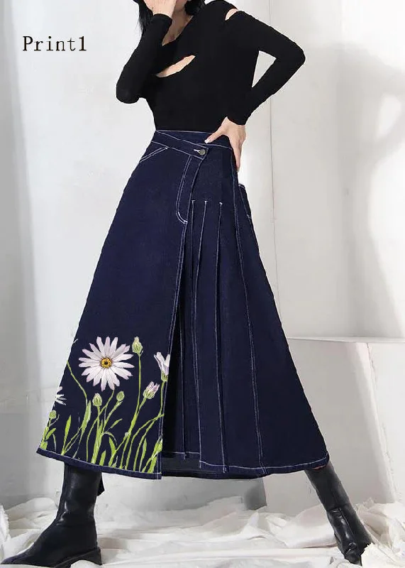 Boho denim blue-print1 zippered asymmetrical design Summer Skirt velvet skirt sumptuous