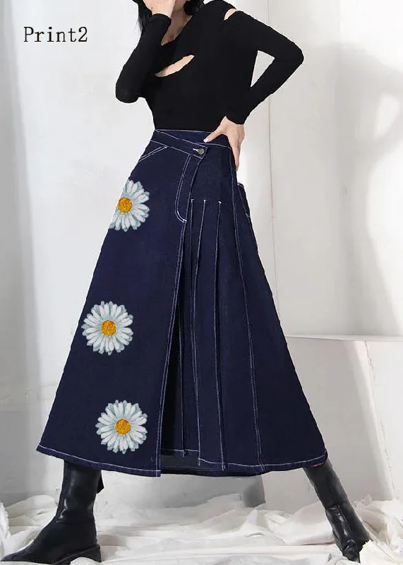 Boho denim blue-print2 zippered asymmetrical design Summer Skirt corduroy skirt durable