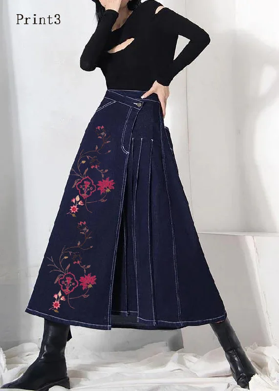 Boho denim blue-print3 zippered asymmetrical design Summer Skirt linen skirt breathable